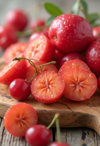 Svježa acerola trešnja, prerezana i cijela, na neutralnoj podlozi