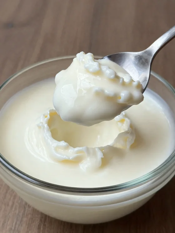 Kiselo mlijeko u rustikalnoj keramičkoj zdjeli, sa žlicom i blago izdvojenom sirutkom