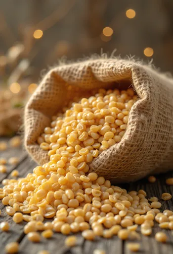 Očišćena zrna ječma u maloj vrećici i rasuta po drvenoj površini