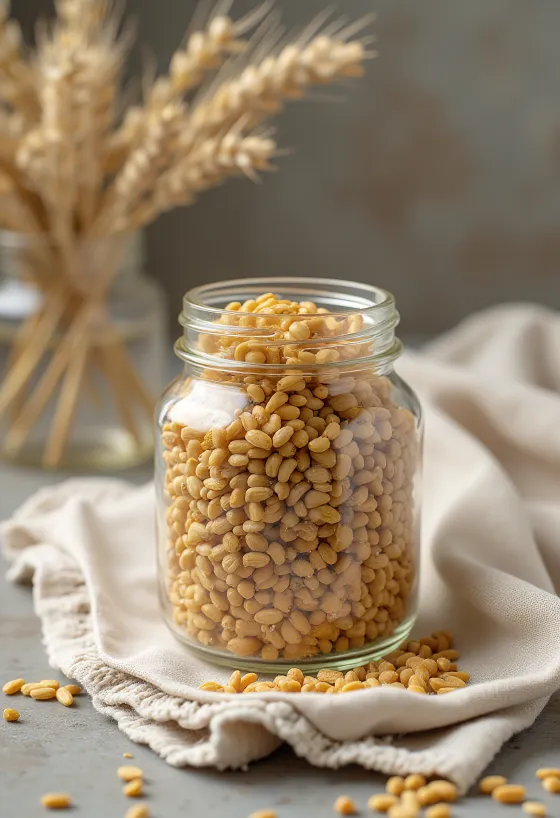 Ječmene posije u keramičkoj zdjelici i rasute po drvenoj kuhinjskoj površini