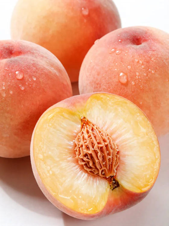 Cijele i narezane breskve na drvenom stolu, uz čašu soka od breskve