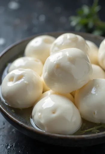 Svježa bivolja mozzarella u bijeloj keramičkoj zdjeli na drvenom stolu