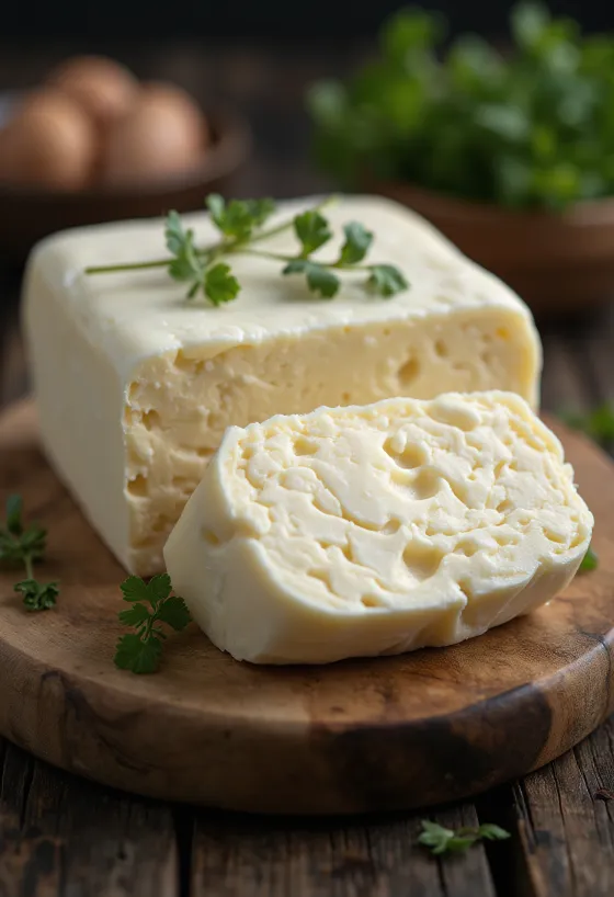 Maslac od bivoljeg mlijeka u maloj keramičkoj zdjelici, masnoća kremaste teksture, svijetle boje