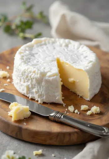 Narezani brie sir na drvenoj dasci, s kremastom unutrašnjošću