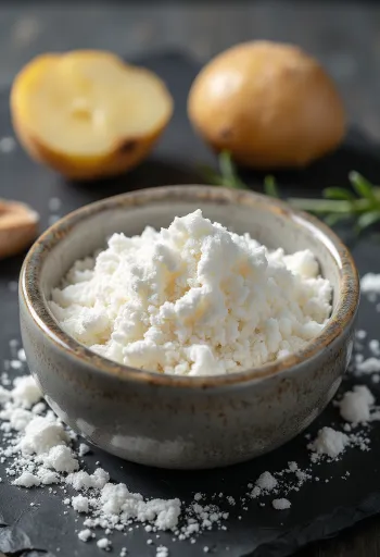 Krumplijev škrob u finom prahu, u zdjelici i na žlici