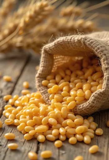 Očišćena zrna pšenice u vreći i rasuta po drvenoj površini