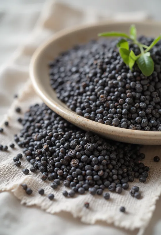 Crne chia sjemenke izbliza, rasute na bijeloj podlozi