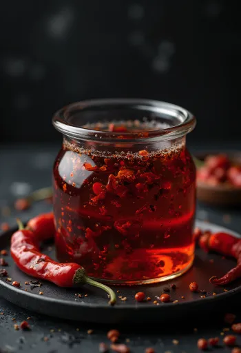 Chili ulje u staklenoj bočici i zdjelici, sa suhim chili papričicama