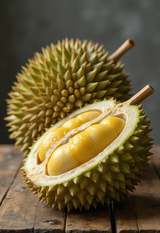 Cijeli i narezani durian voće s bodljikavom korom i kremastim unutarnjim mesom