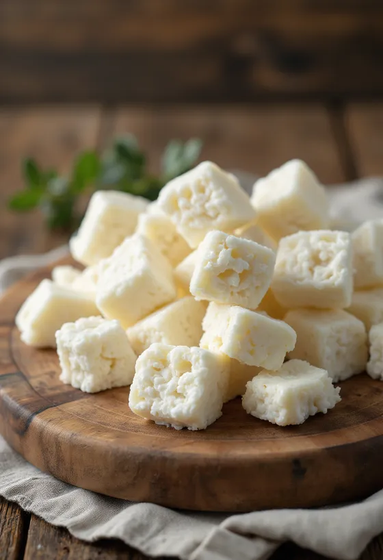 Svježa, mrvičasta slatka skuta od sirutke u bijeloj keramičkoj zdjeli