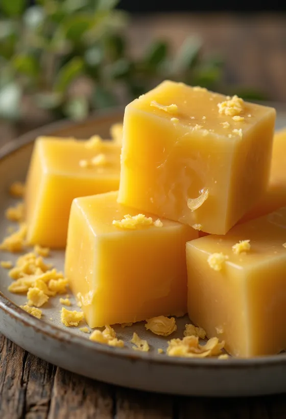 Prehrambeni pčelinji vosak u bloku i ribani oblik na drvenoj površini