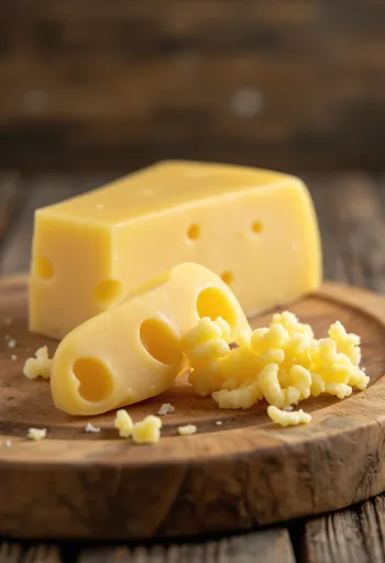 Svježi Emmentaler sir u bijeloj keramičkoj posudi na drvenom stolu