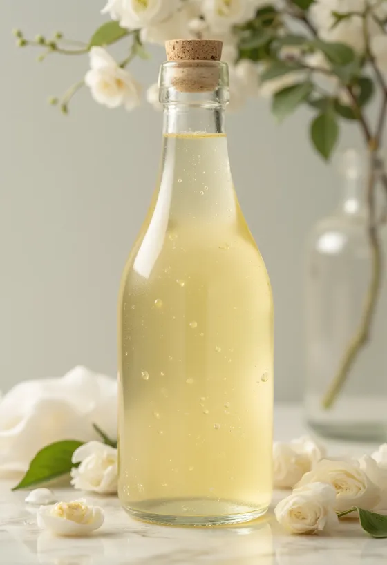 Bijeli vinski ocat u staklenoj posudi, uz bijelo grožđe, mošt i bocu
