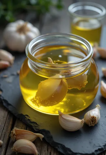 Ulje češnjaka u boci i zdjelici, okruženo režnjevima češnjaka