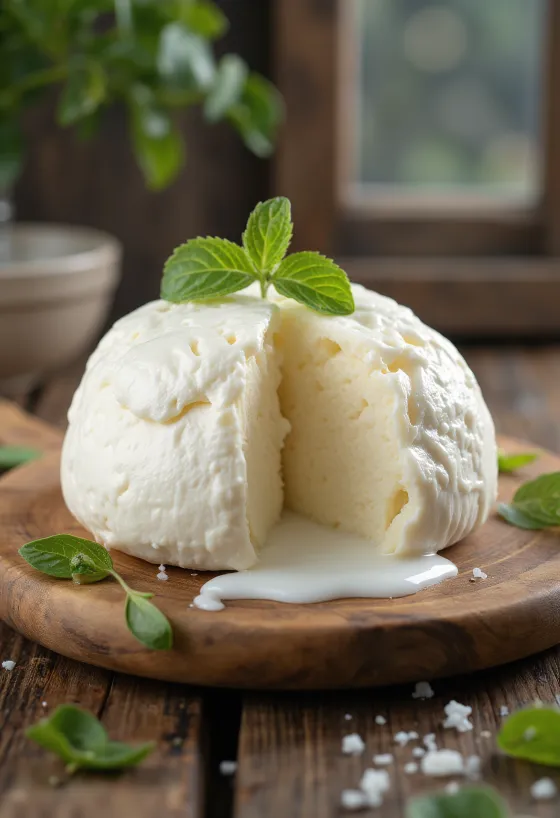Svježa mozzarella od kravljeg mlijeka u bijeloj keramičkoj zdjeli na drvenom stolu