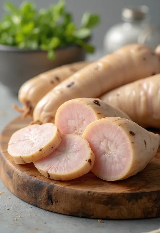 Svježi galangal narezan na ploške i trakice u zdjelici, na drvenoj podlozi