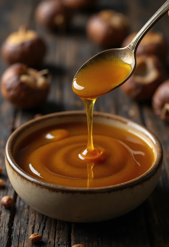 Kestenov med tamne boje u staklenci, sa žlicom za med i cvijećem