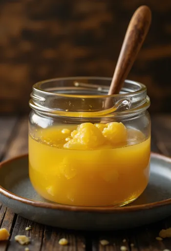 Ghee, pročišćeni maslac u staklenoj zdjelici s drvenom žlicom