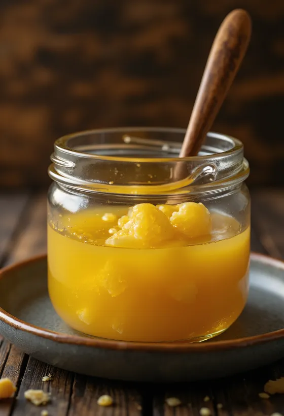 Ghee, pročišćeni maslac u staklenoj zdjelici s drvenom žlicom