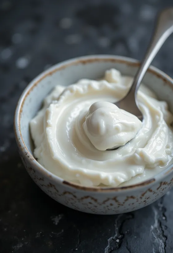Gusti grčki jogurt u zdjelici, uz žlicu s jogurtom