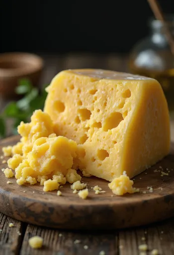 Svježi Grana Padano sir u bijeloj keramičkoj posudi na drvenom stolu