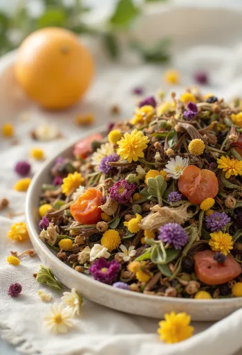 Mješavina sušenog ljekovitog bilja u zdjelici i rasuta s drvenom žlicom