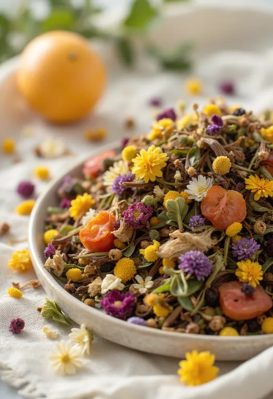 Mješavina sušenog ljekovitog bilja u zdjelici i rasuta s drvenom žlicom