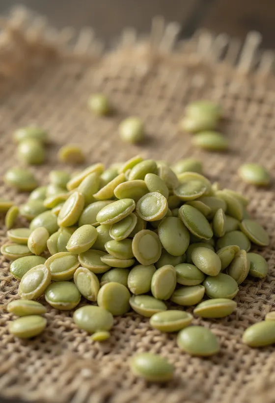 Oljuštene sjemenke konoplje izbliza, rasute po svijetloj površini