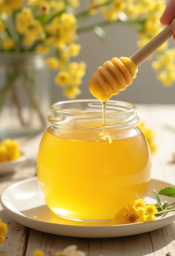 Lipov med u staklenci, s drvenom žlicom za med i cvjetovima lipe