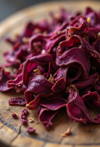 Sušene latice hibiskusa u zdjelici, s drvenom žlicom, rasute po podlozi