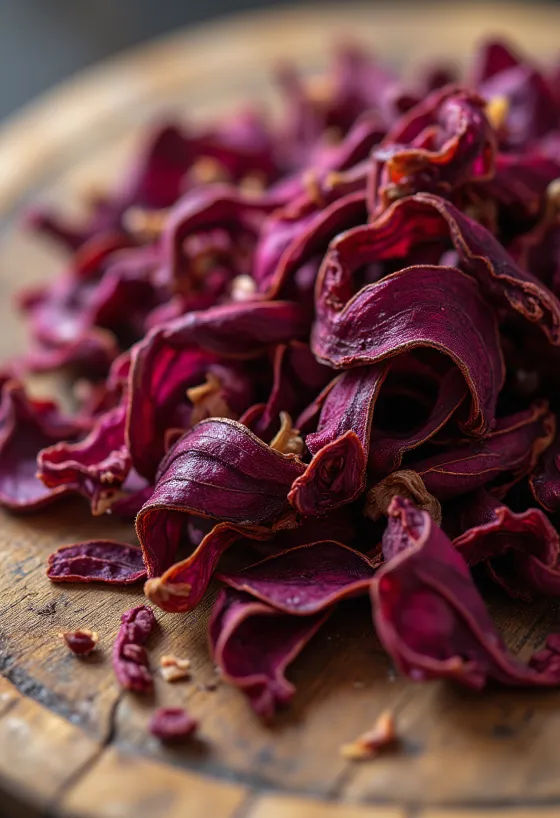 Sušene latice hibiskusa u zdjelici, s drvenom žlicom, rasute po podlozi