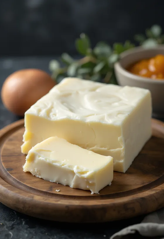 Kozji maslac u maloj keramičkoj zdjeli, kremaste teksture, na rustikalnoj drvenoj podlozi