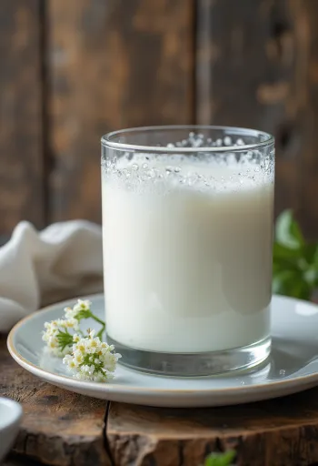 Bijeli, kremasti kefir u zdjelici, na rustikalnom drvenom stolu