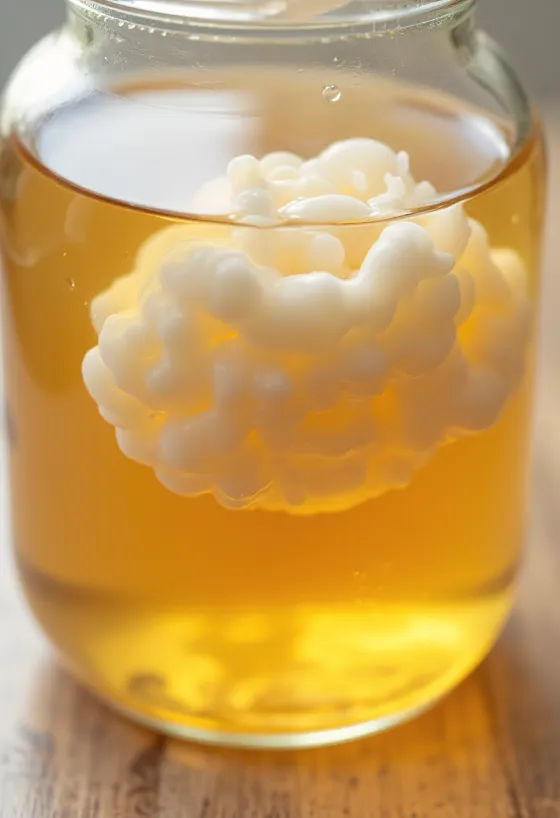 Sastojci baze za kombuchu: SCOBY, crni čaj, šećer i staklenka za fermentaciju na drvenoj površini