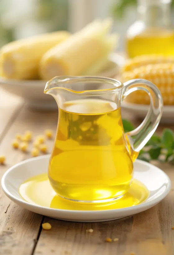 Kukuruzno ulje u staklenoj boci, sa zrnima kukuruza i kukuruznom krupicom