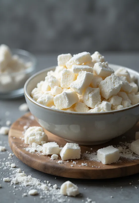 Kuzu škrob u prahu u keramičkoj zdjelici i drvenoj kuhači, uz ploške korijena