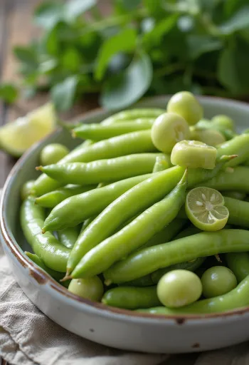 Svježe mahune boba i izvađena zrna boba na rustikalnoj površini