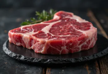 Svježi komadi govedine sa začinima na drvenoj dasci za rezanje