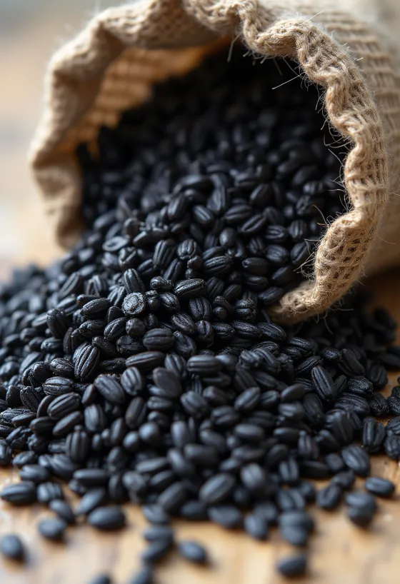 Crna riža u maloj staklenci, bogate tamne boje, okružena sirovim zrnima