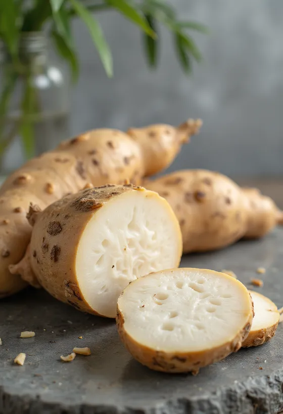 Narezani korijen manioke (kasave), na dasci za rezanje, okružen svježim povrćem