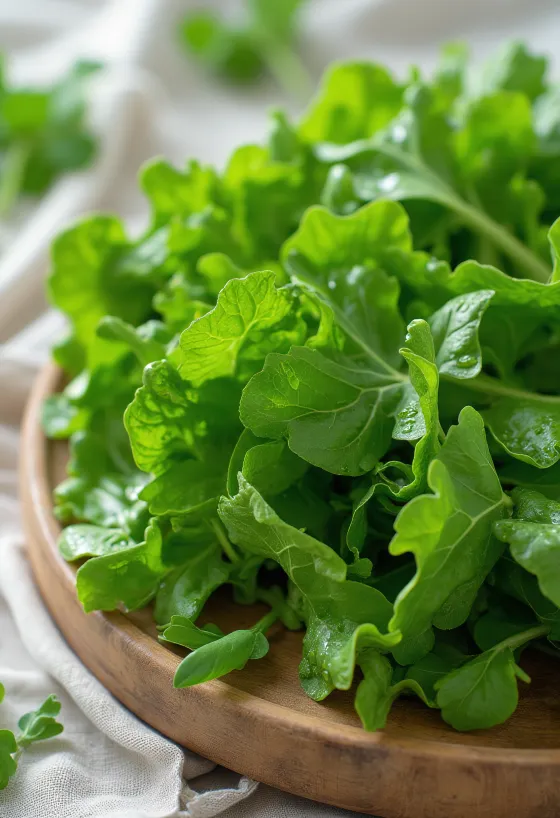 Svježi listovi gorušice na drvenoj podlozi s kapljicama vode