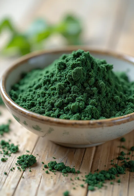 Spirulina prah u maloj staklenci, bogate zelene boje, okružen tabletama spiruline