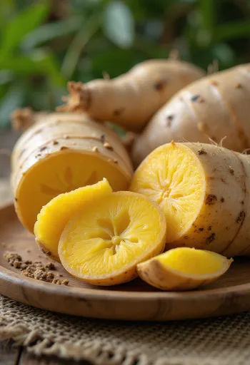 Slika korijena arracache, narezane kriške na dasci za rezanje