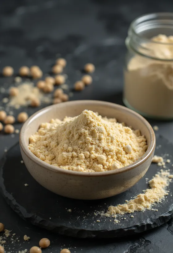 Prah proteina graška svijetlo bež boje uz zrna žutog graška