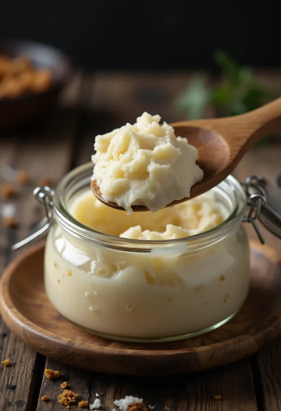 Sirova pačja mast u staklenoj zdjelici, okružena komadićima masnog tkiva