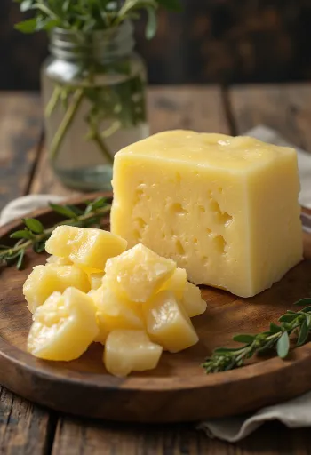 Sirovi goveđi loj u maloj zdjeli, okružen komadima očišćenog masnog tkiva