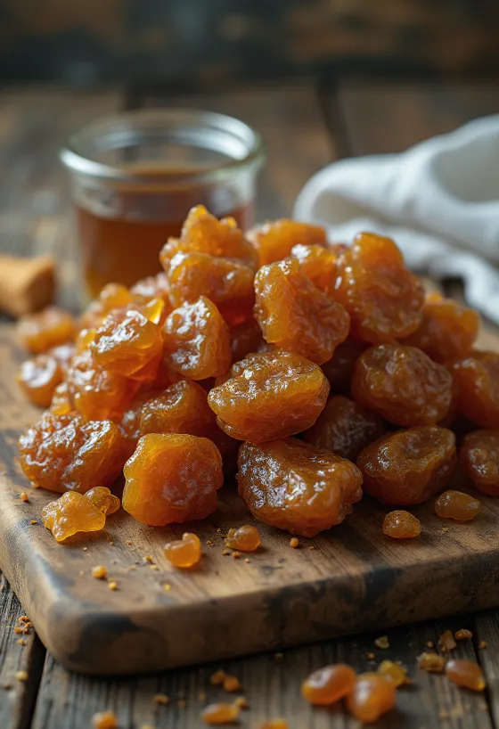 Komadići sirovog propolisa na drvenoj površini, u prirodnom stanju