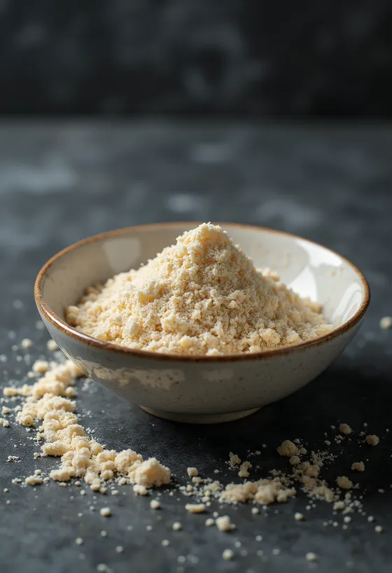 Sirovi protein riže u prahu svijetle bež boje u zdjelici, pokraj njega smeđa riža