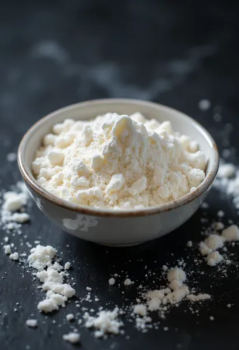Škrob biljke arrowroot u keramičkoj zdjelici, uz drvenu kuhaču na svijetloj podlozi
