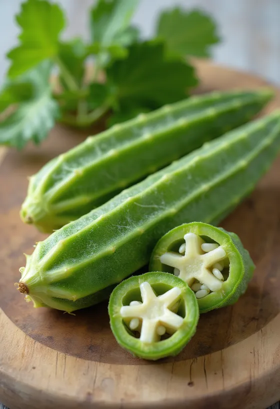 Svježe mahune okre, narezane i cijele na dasci za rezanje